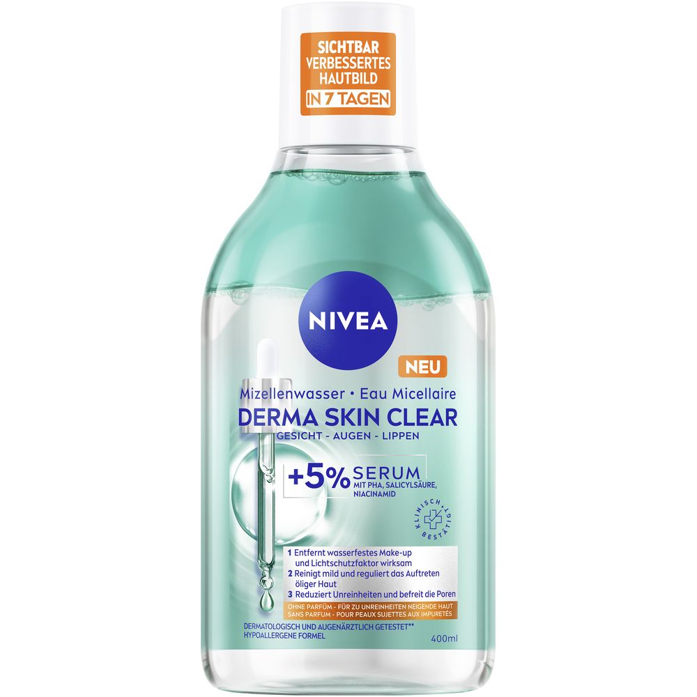 NIVEA DERMA SKIN CLEAR Eau Micellaire avec 5% Sérum, PHA, Acide Salicylique & Niacinamide. Liquide transparent dans une bouteille avec étiquette bleue.