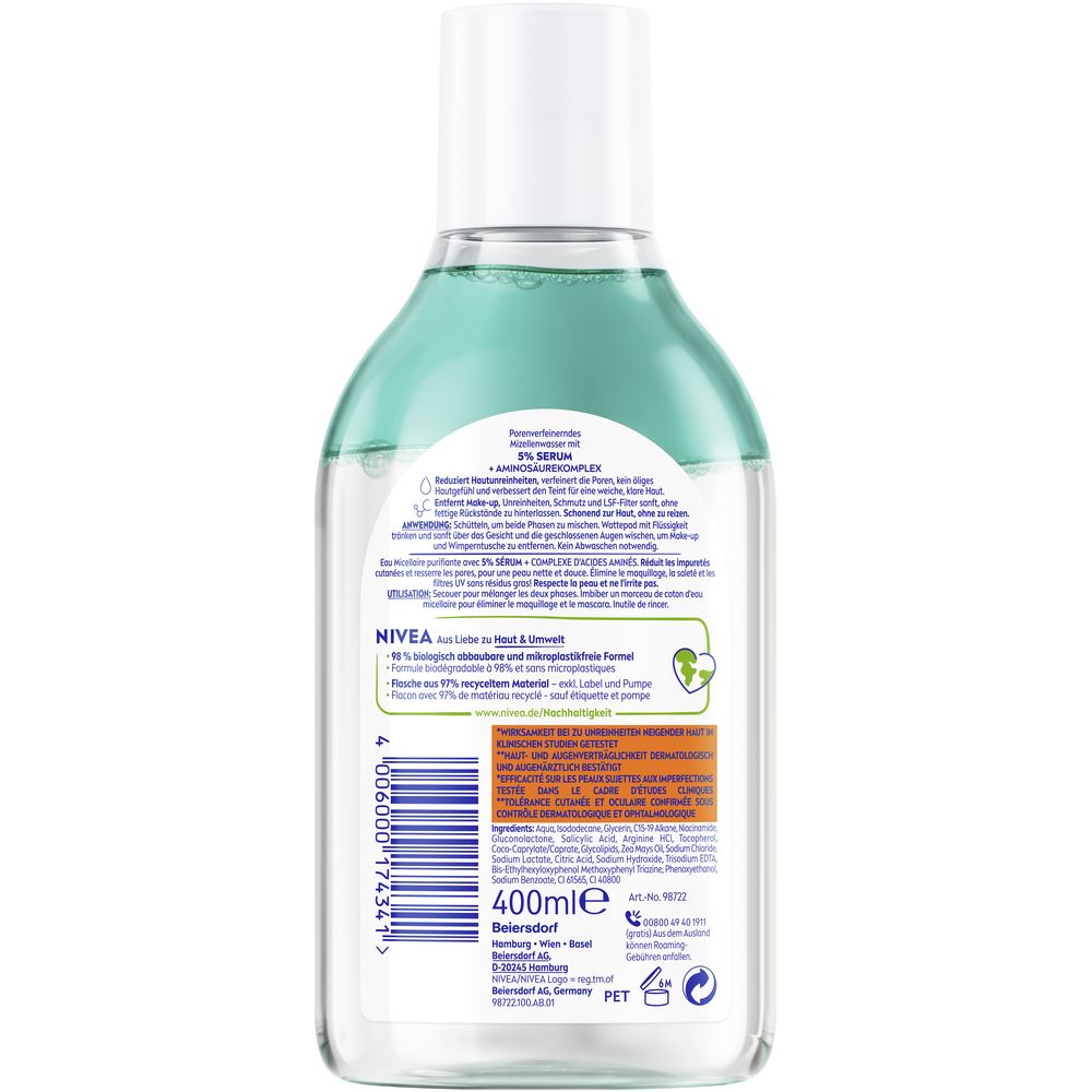 Dos de la bouteille NIVEA DERMA SKIN CLEAR Eau Micellaire avec informations produit et ingrédients. 400ml.
