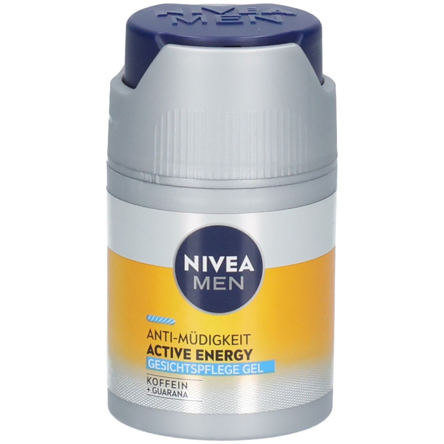 Flacon cylindrique avec bouchon bleu. Inscription: NIVEA MEN, ACTIVE ENERGY Gesichtspflege Gel. Éléments jaunes et argentés.