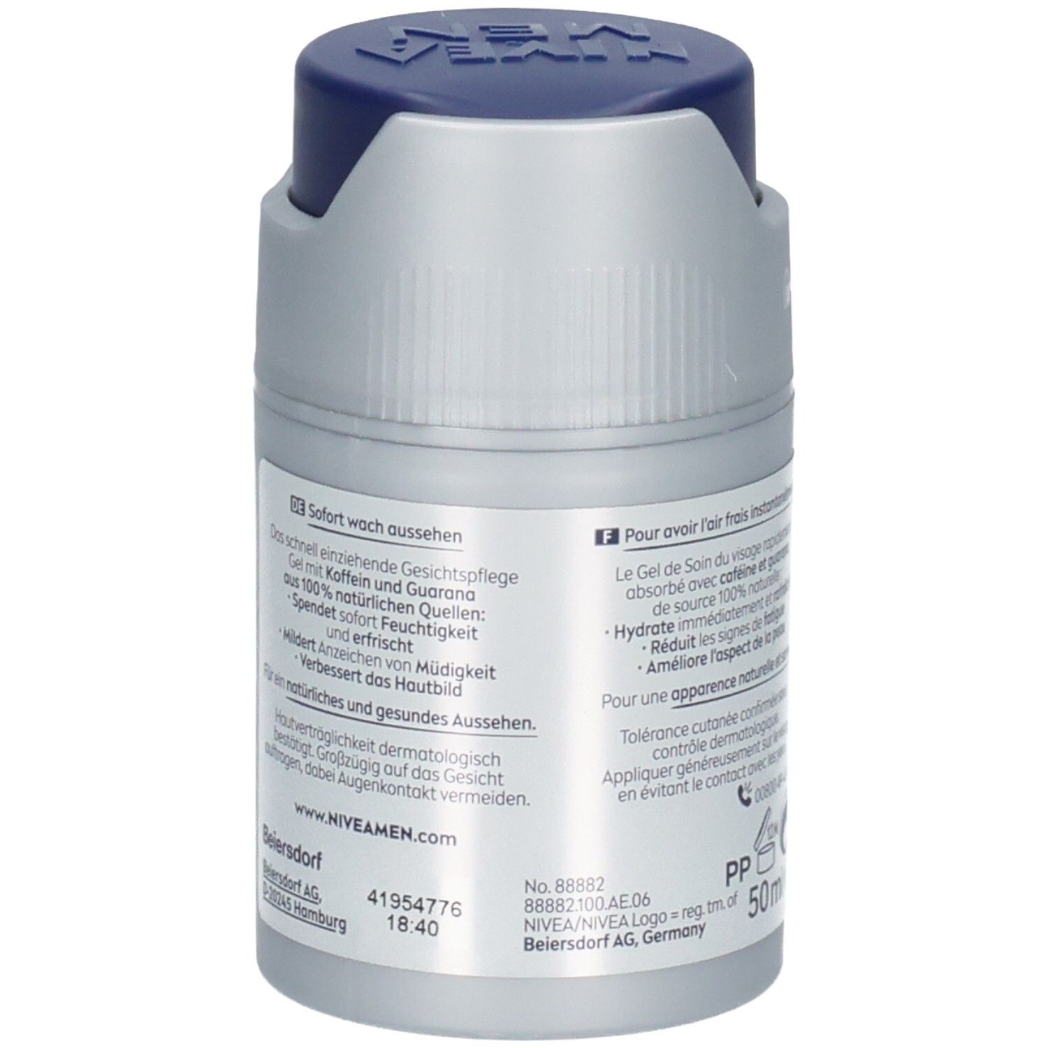 Dos du flacon. Texte: Gel pour le visage, avec caféine et guarana. 50ml. Logos et coordonnées.