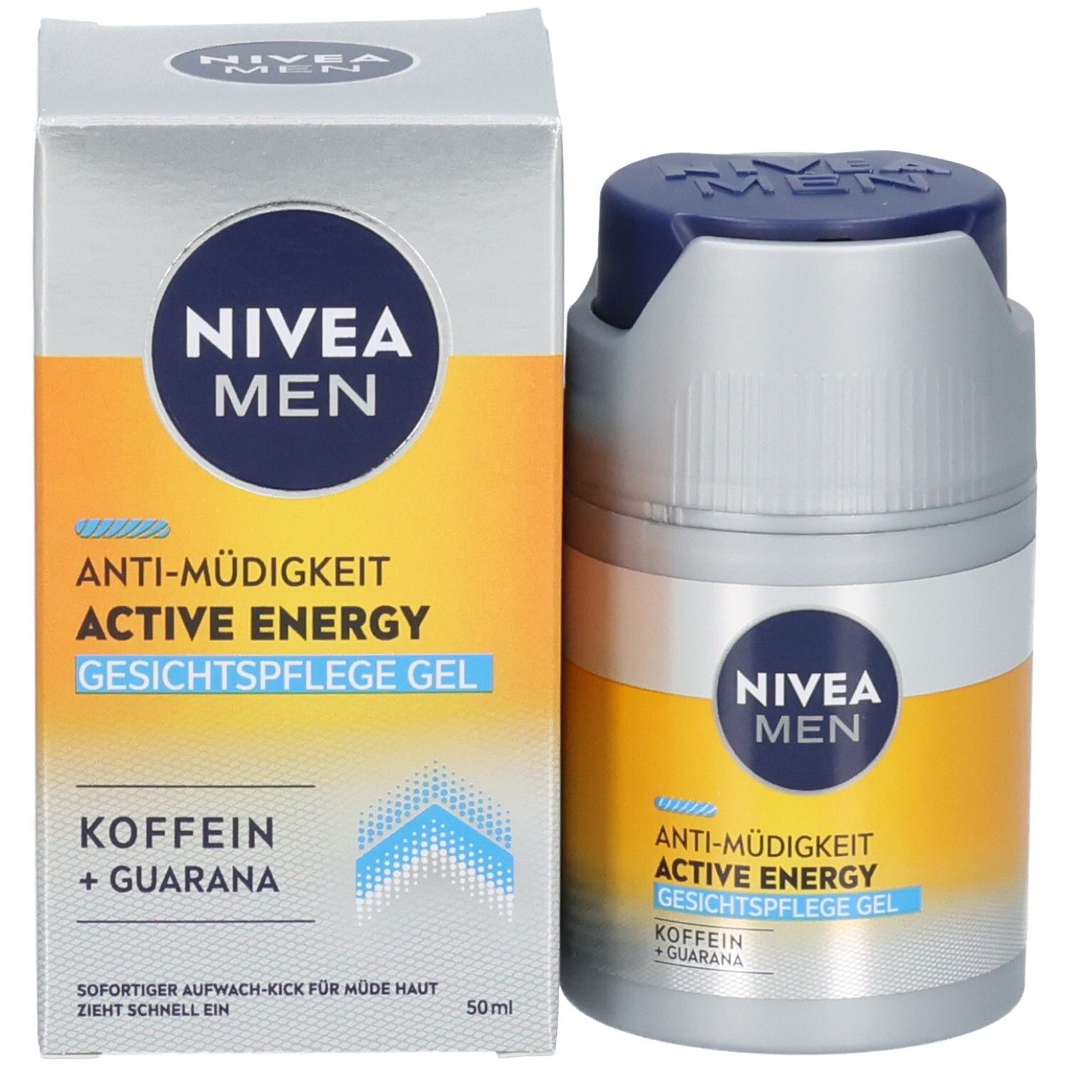 Emballage et flacon. Inscription: NIVEA MEN, ACTIVE ENERGY Gesichtspflege Gel. Éléments jaunes et argentés. 50ml.