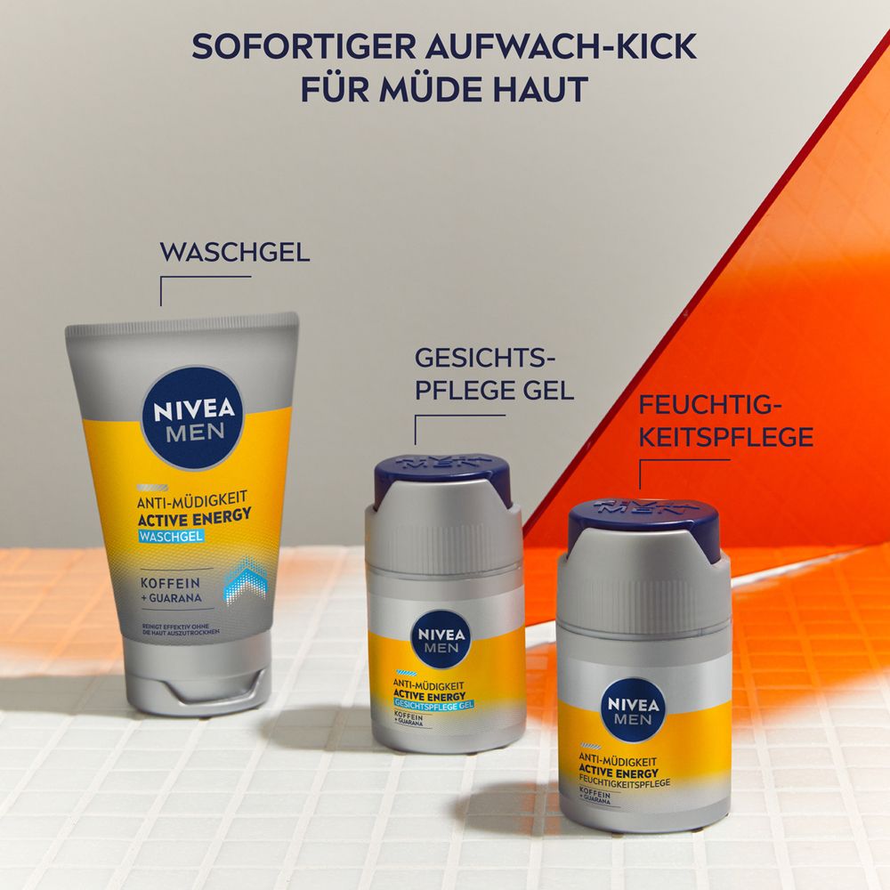 Gel lavant, Gel de soin visage et soin hydratant NIVEA MEN Active Energy.