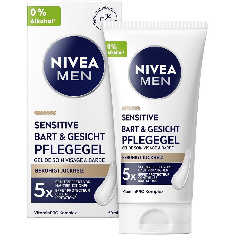 Tube et boîte NIVEA MEN Sensitive Gel de Soin Visage & Barbe, 50ml.