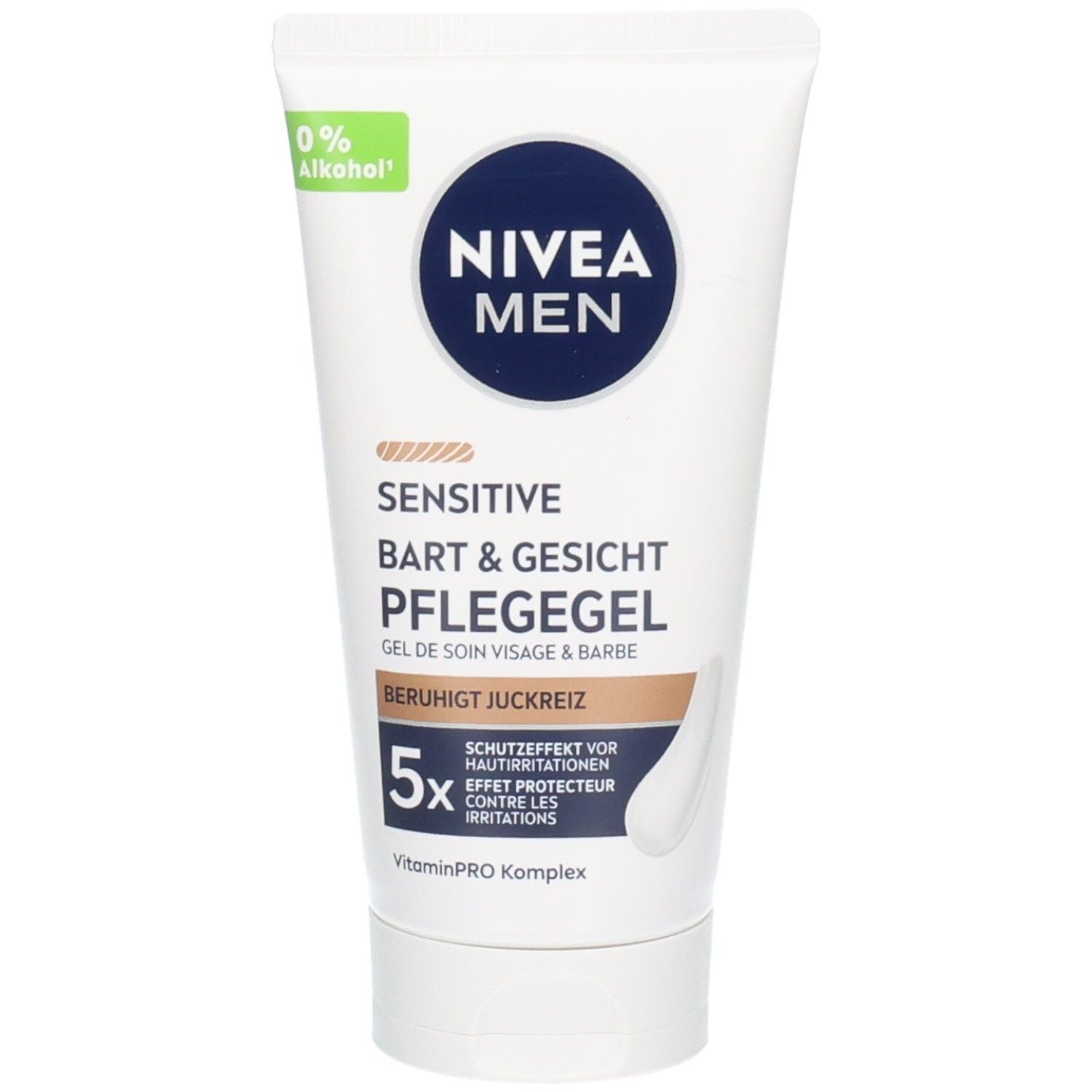 Tube blanche NIVEA MEN Sensitive. Gel de soin visage & barbe. Texte bleu et beige. Label 0% alcool. Gel blanc visible.