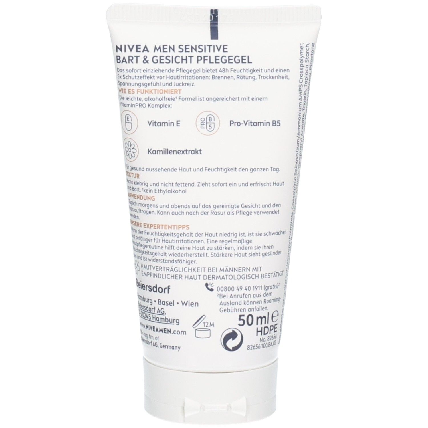 Dos du tube NIVEA MEN Sensitive. Gel visage et barbe. Texte en allemand. 50ml. Symboles de recyclage et ingrédients.