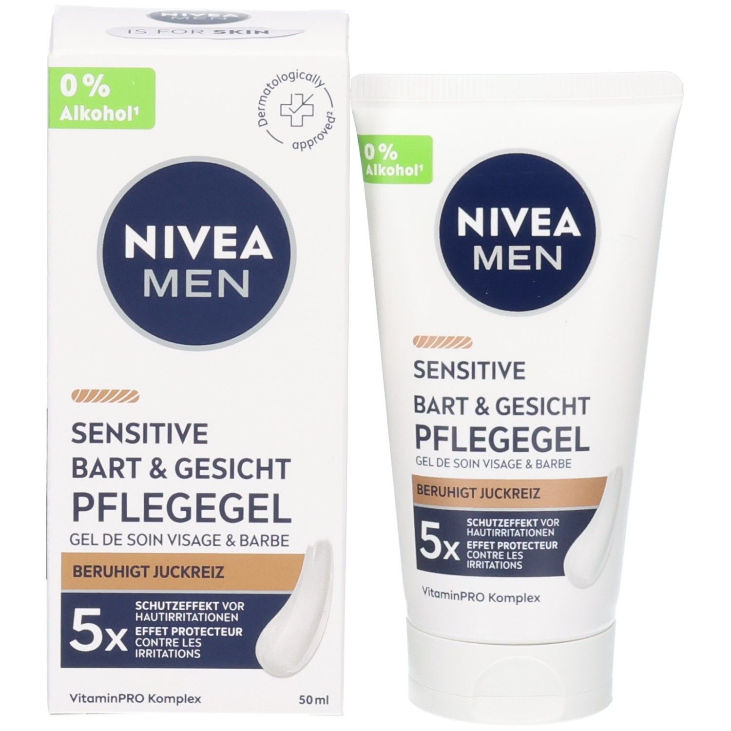 Emballage du produit: NIVEA MEN Sensitive Gel visage & barbe et carton. Label 0% alcool. Testé dermatologiquement.