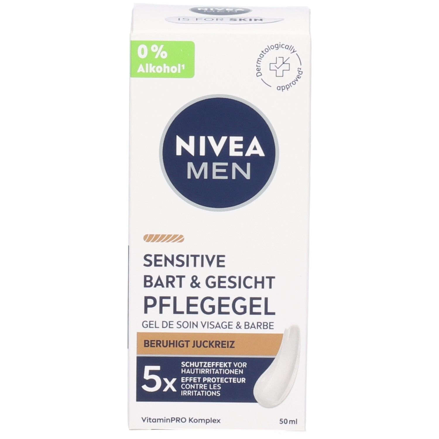 Boîte NIVEA MEN Sensitive Gel visage & barbe. Label 0% alcool. Testé dermatologiquement. 50ml.