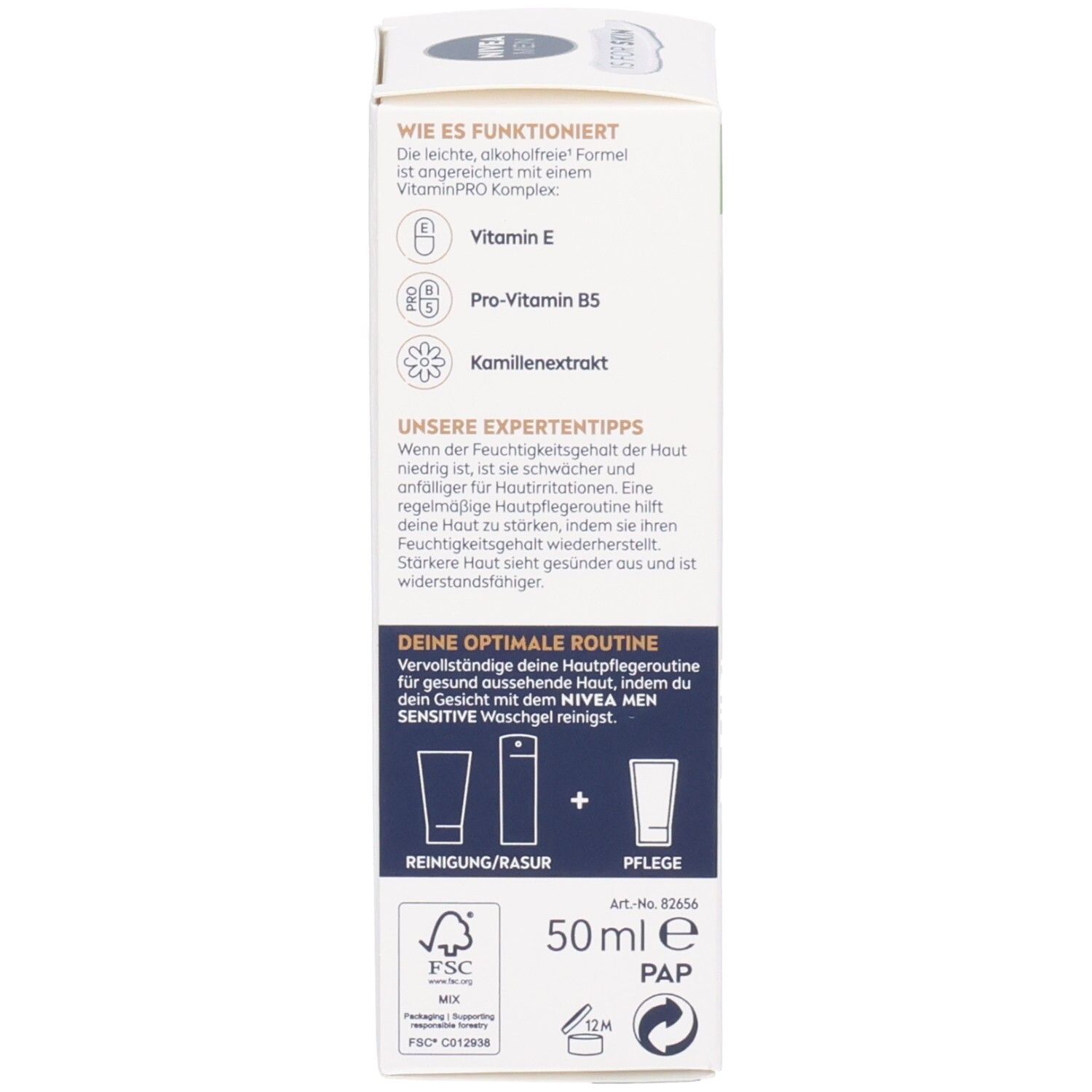 Dos de la boîte NIVEA MEN Sensitive. Texte, symboles, 50ml. Logo FSC.