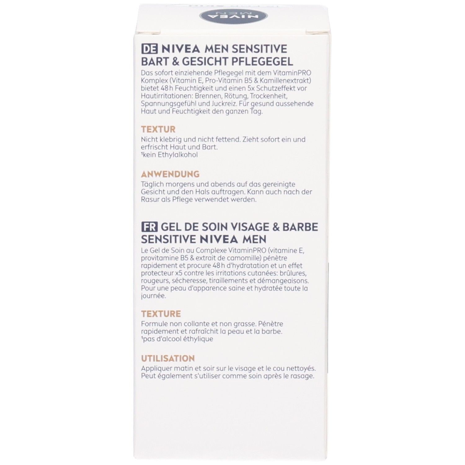 Côté de la boîte NIVEA MEN Sensitive. Texte en allemand et français. 50ml.