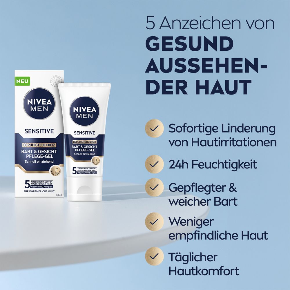 Tube et boîte NIVEA MEN Sensitive Gel de Soin Visage & Barbe avec avantages.