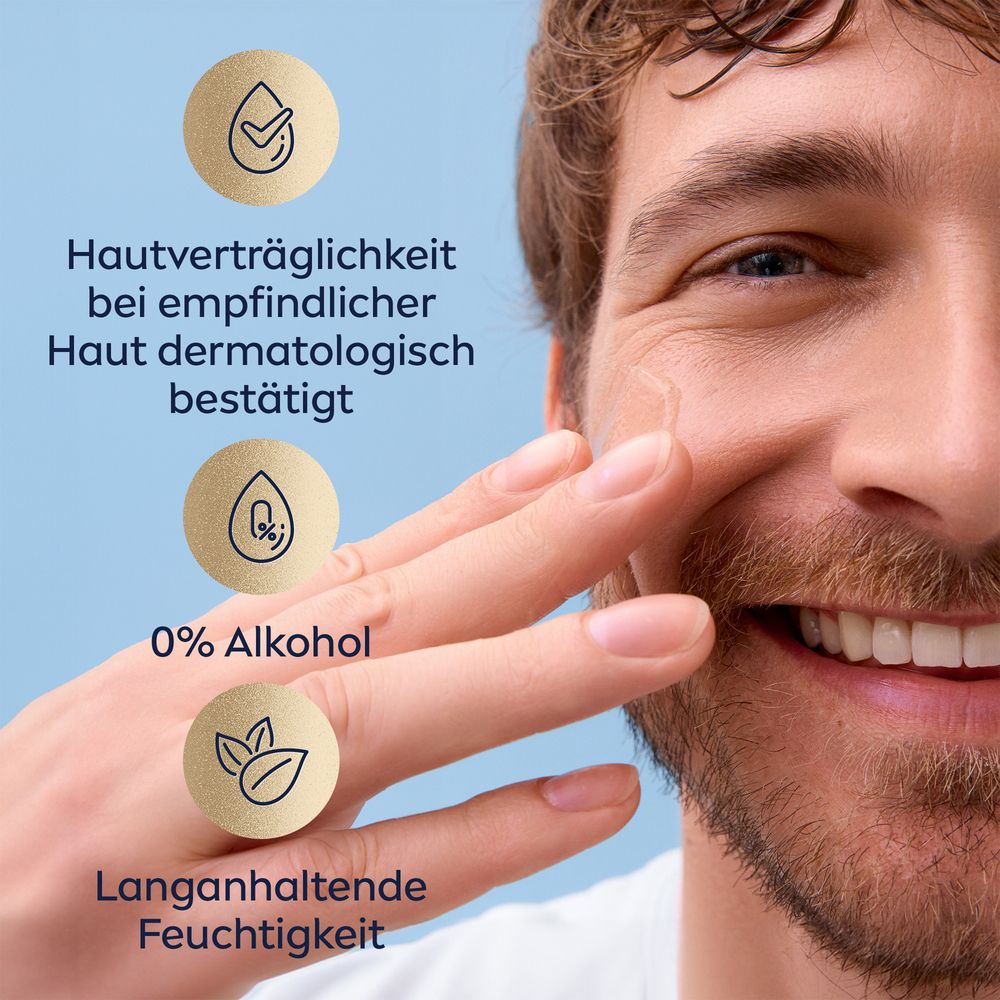 Homme appliquant le NIVEA MEN Sensitive Gel de Soin Visage & Barbe. Testé dermatologiquement.