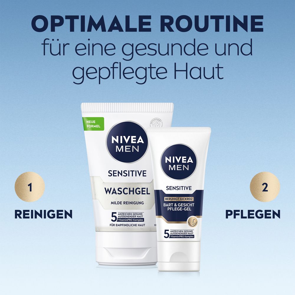 Tube NIVEA MEN Sensitive Gel de Soin Visage & Barbe. 0% alcool, testé dermatologiquement.