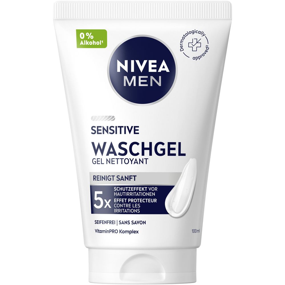 Tube blanche NIVEA MEN Sensitive Waschgel avec logo bleu et texte. 0% alcool.