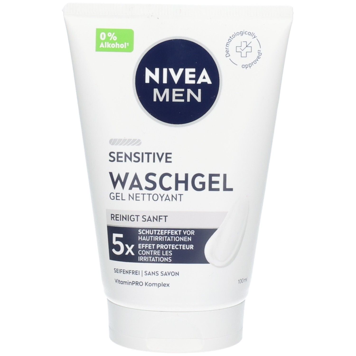 Tube de gel lavant blanc avec bouchon bleu. Inscription: NIVEA MEN Sensitive Waschgel. 0% alcool. Testé dermatologiquement.
