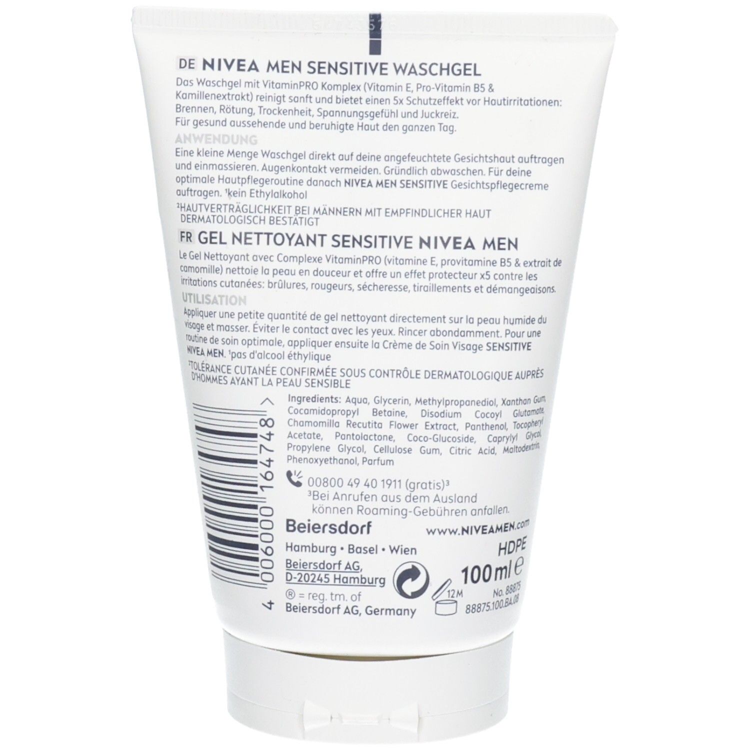 Dos du tube de gel lavant blanc. Texte en allemand et français. Ingrédients et informations du fabricant visibles.