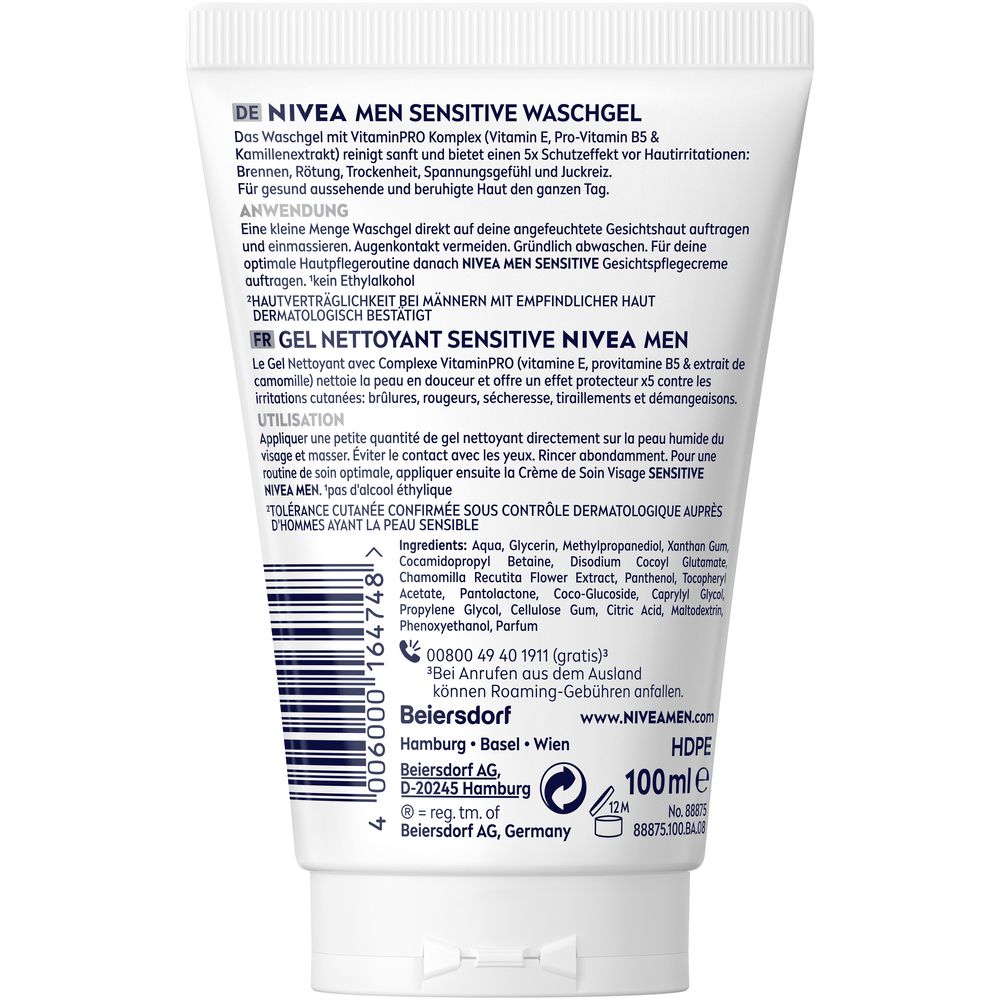 Arrière d'un tube NIVEA MEN Sensitive Waschgel avec ingrédients et instructions.