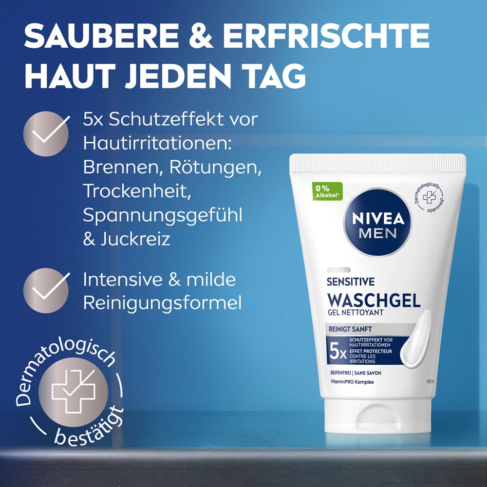 Tube NIVEA MEN Sensitive Waschgel à côté de texte sur 5x effet protecteur et nettoyage doux.