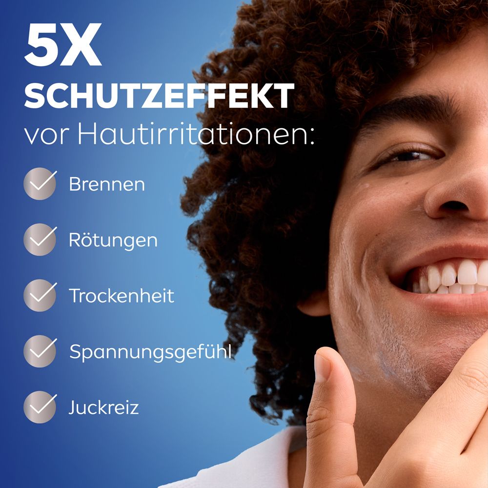 Gros plan d'un homme avec texte sur 5x effet protecteur contre les irritations cutanées.