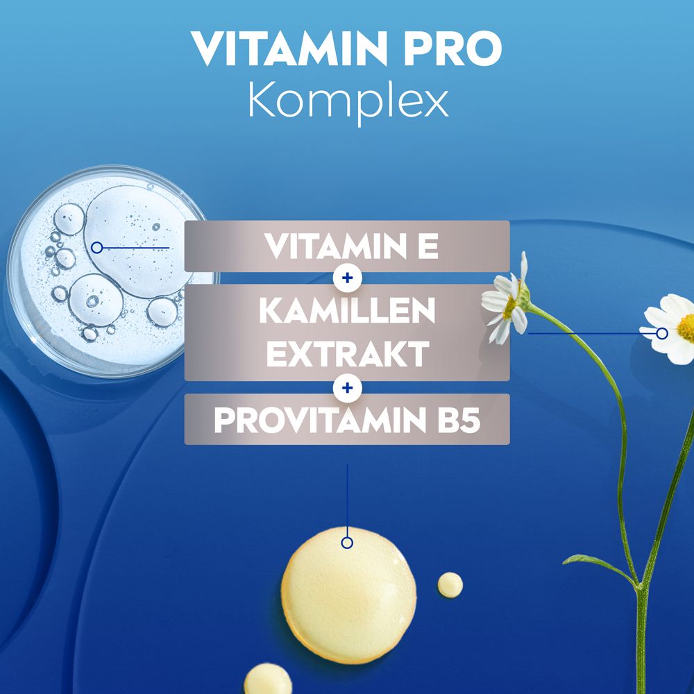 Graphique avec extrait de camomille, vitamine E et provitamine B5 pour NIVEA MEN Sensitive Waschgel.