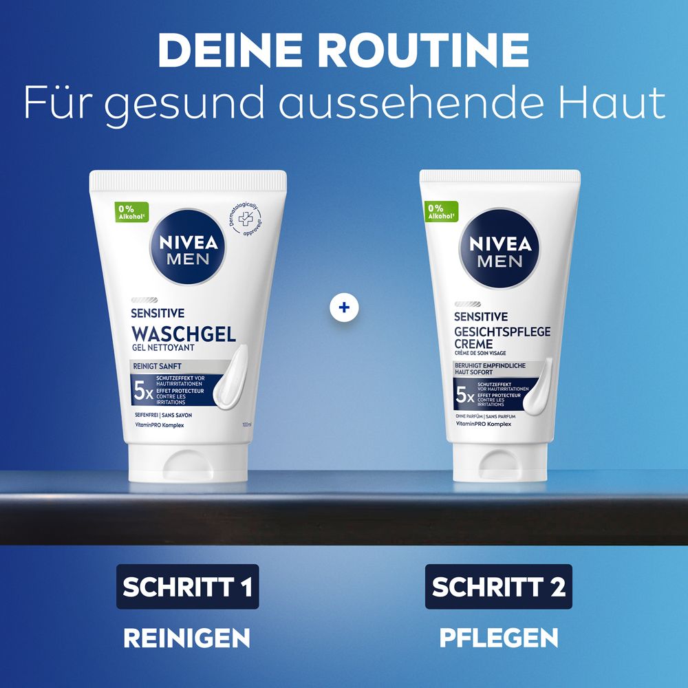 Deux produits NIVEA MEN : gel nettoyant et crème visage pour une peau saine.
