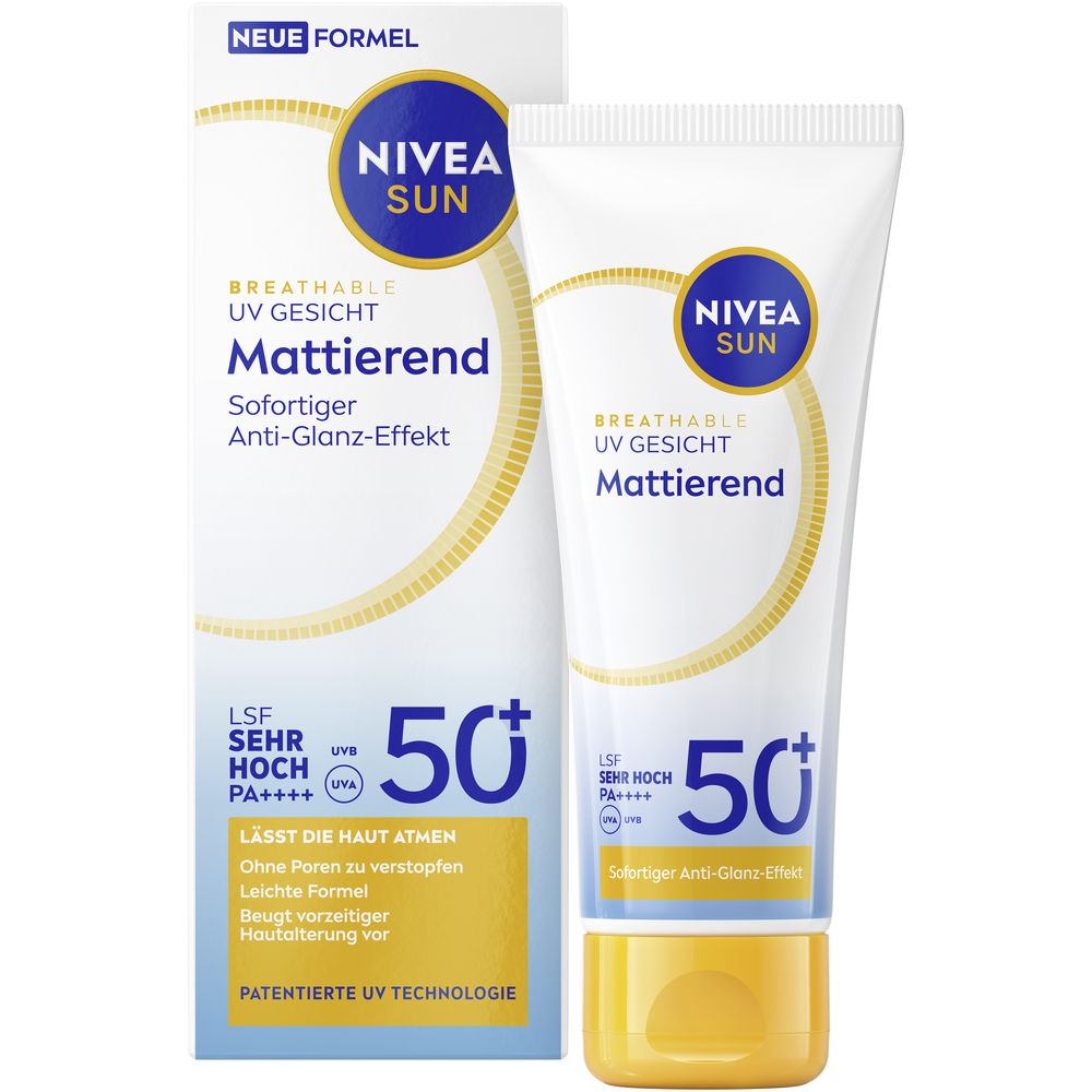 NIVEA SUN Breathable UV Gesicht mattierend. Tube et emballage. SPF 50+. Effet anti-brillance immédiat.