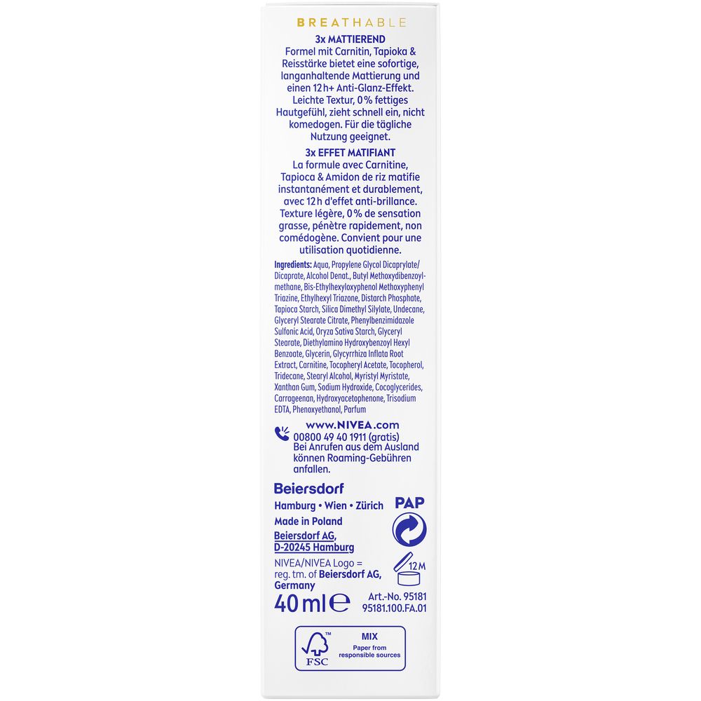 Dos de l'emballage. Texte avec ingrédients, informations fabricant et labels. 40ml.
