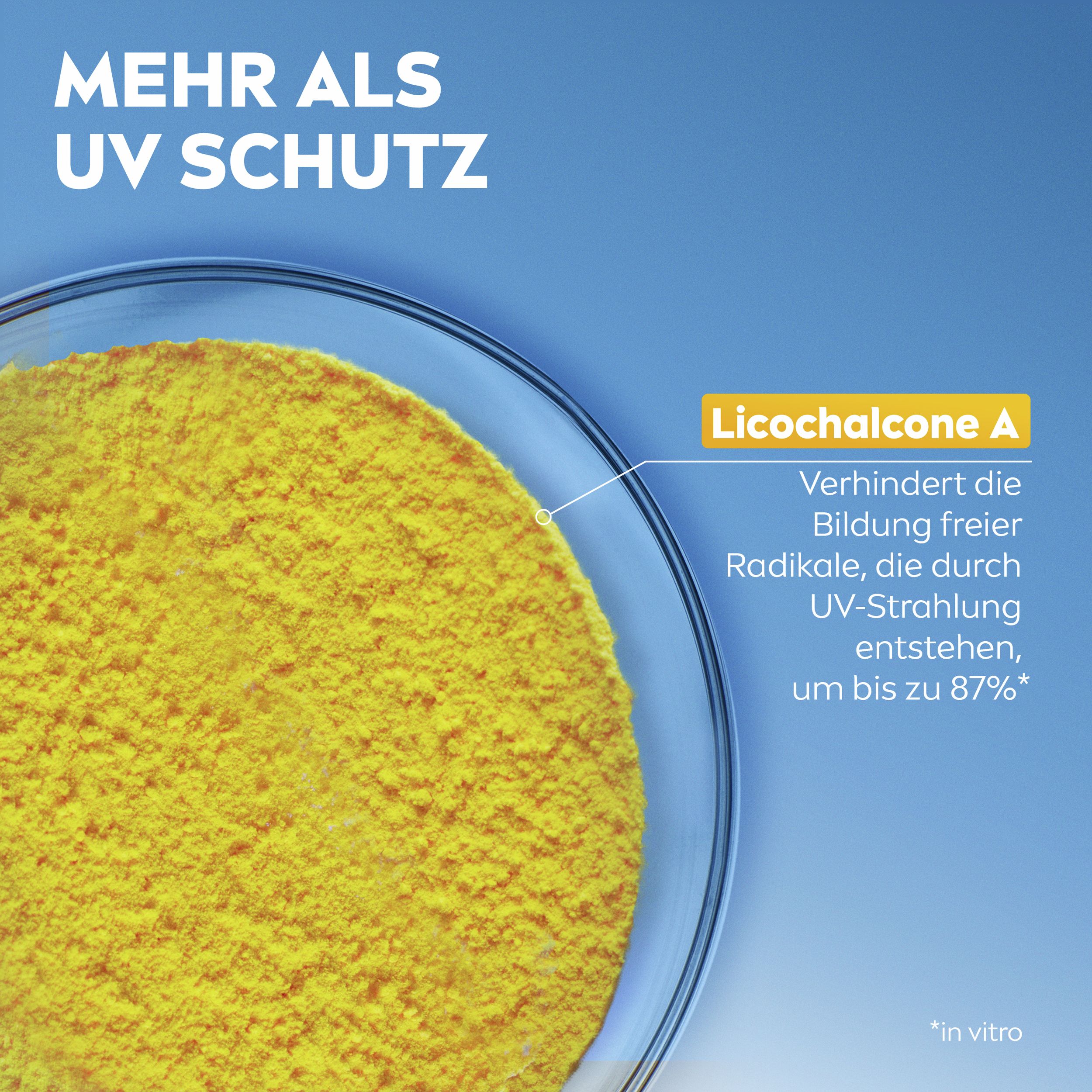 Récipient avec poudre jaune. Texte: Licohalcone A, empêche la formation de radicaux libres. Fond bleu.