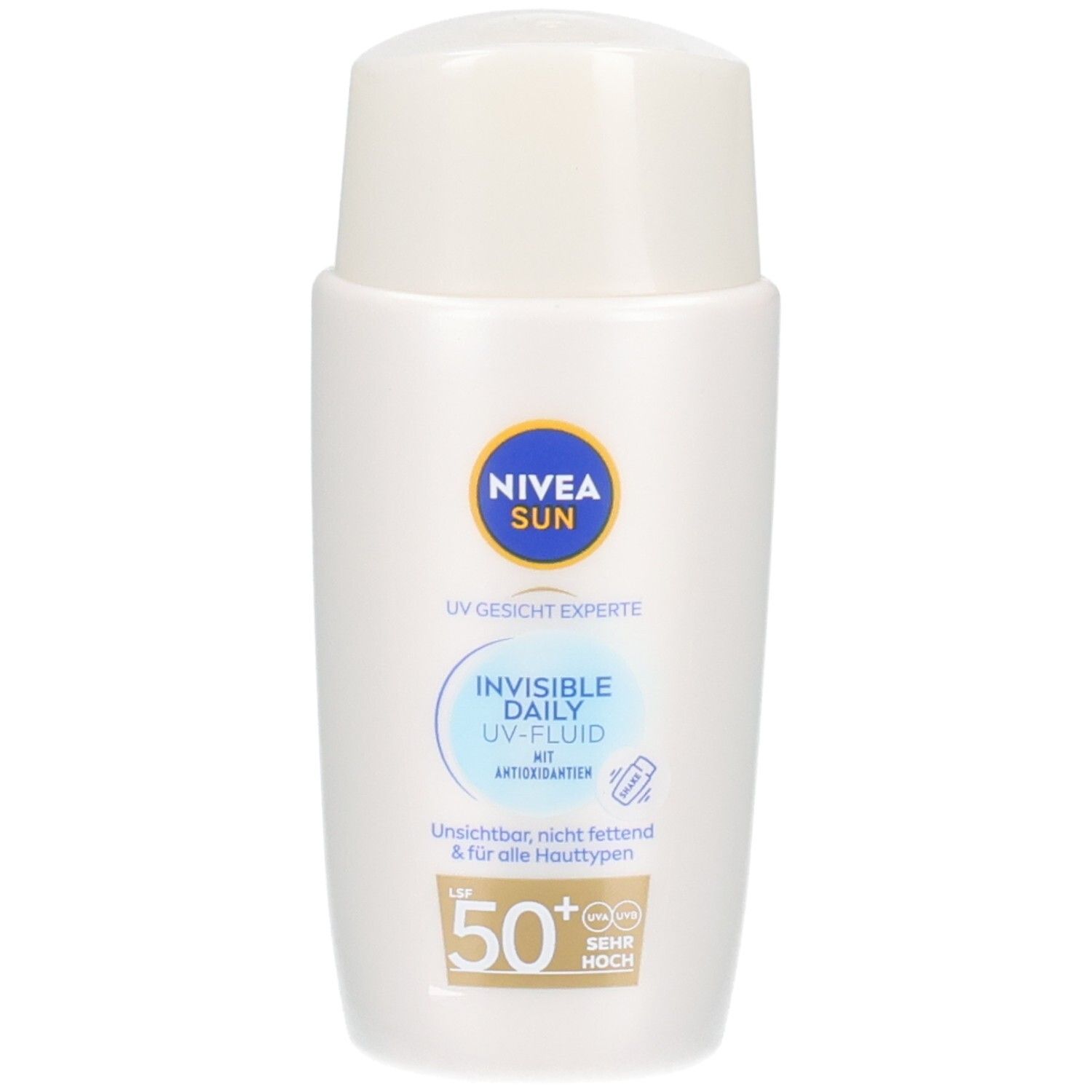 Flacon blanc avec étiquette bleue. Contient NIVEA SUN UV Specialist Invisible Daily Fluid LSF 50+. Texte: Invisible Daily UV-Fluid.