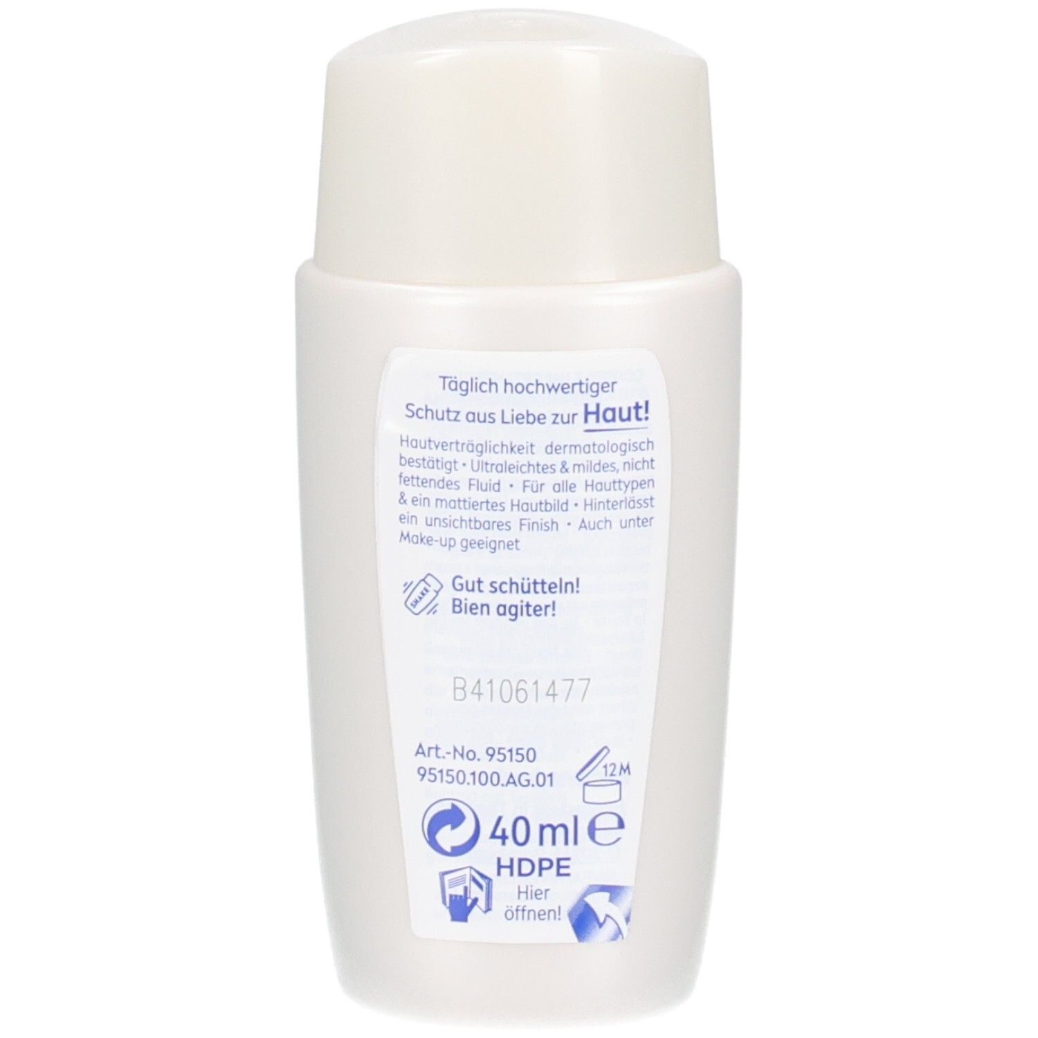 Dos du flacon blanc. Texte: Protection quotidienne de qualité supérieure pour votre peau ! Contient des informations et des ingrédients.