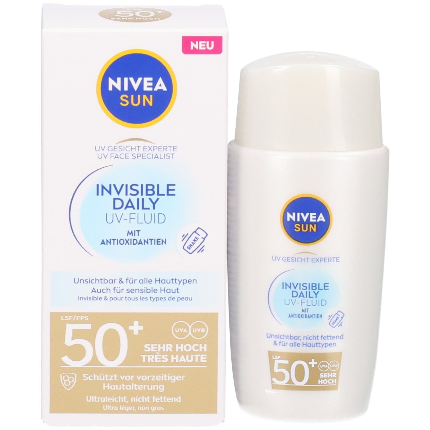 Produit et emballage. NIVEA SUN UV Specialist Invisible Daily Fluid LSF 50+. Avec inscription : Nouveau. Bouteille et carton.
