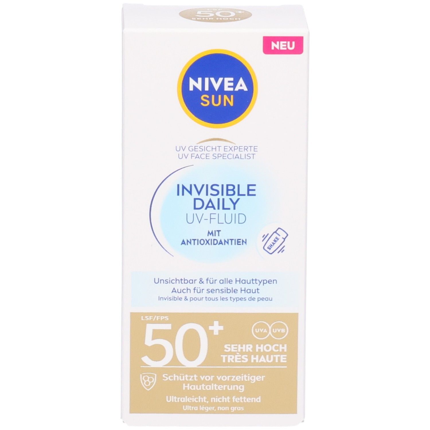 Emballage. NIVEA SUN UV Specialist Invisible Daily Fluid LSF 50+. Avec inscription : Nouveau. Boîte blanche avec informations sur le produit.