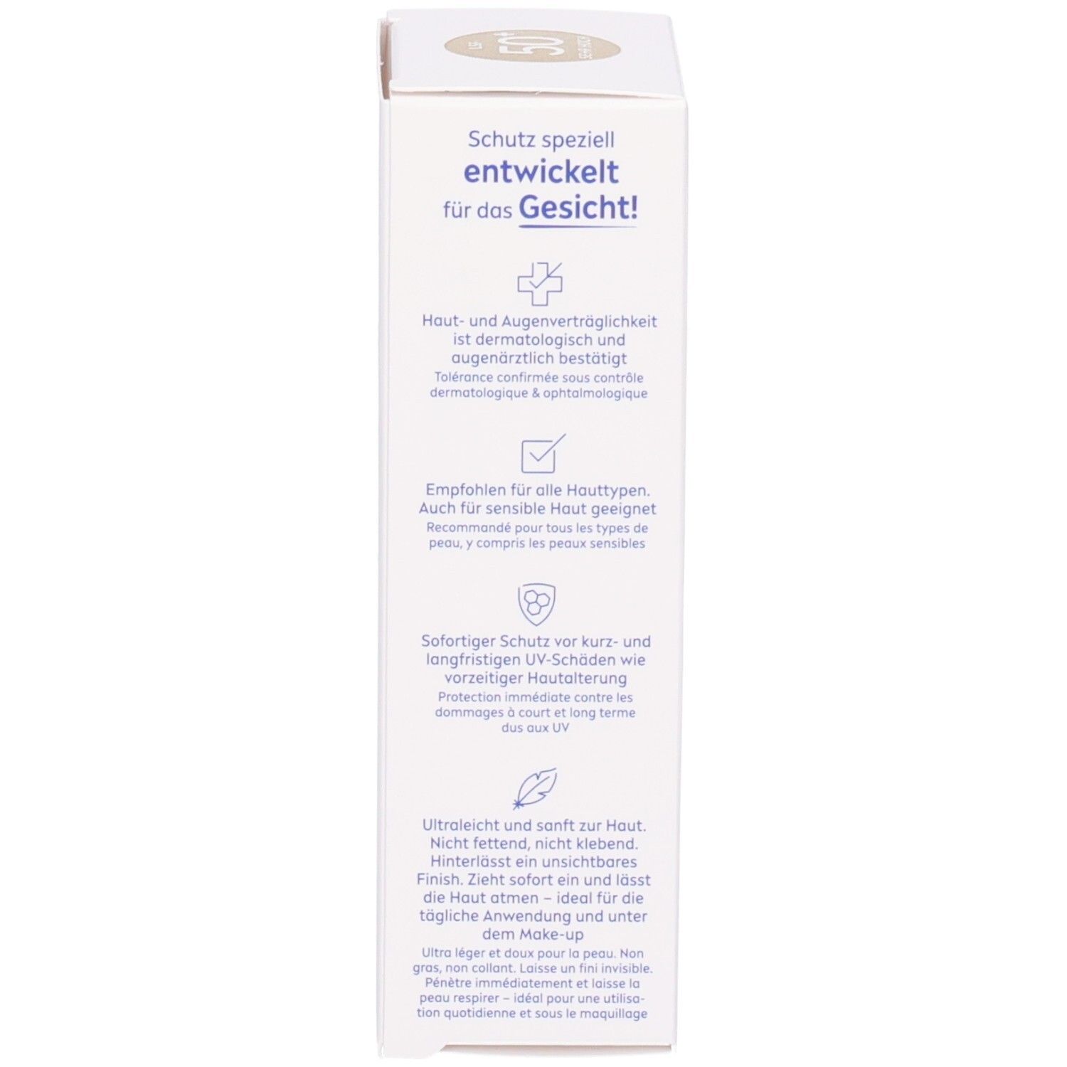 Emballage. Texte : Protection spécialement conçue pour le visage ! Informations sur la tolérance cutanée et l'utilisation.