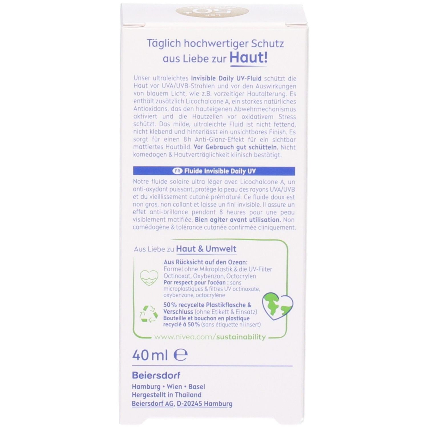 Emballage. Texte : Protection quotidienne de qualité supérieure pour votre peau ! Informations sur les ingrédients et l'environnement.