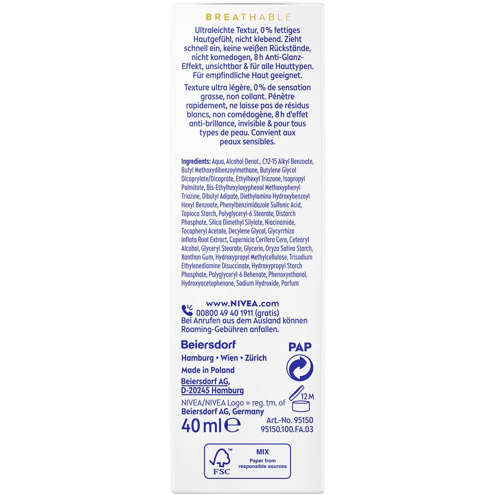 Arrière de l'emballage NIVEA SUN UV Visage Expert SPF 50 avec ingrédients et informations fabricant.