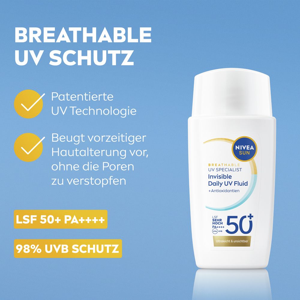 NIVEA SUN UV Visage Expert: SPF 50+ PA++++, technologie UV brevetée, 98% protection UVB.