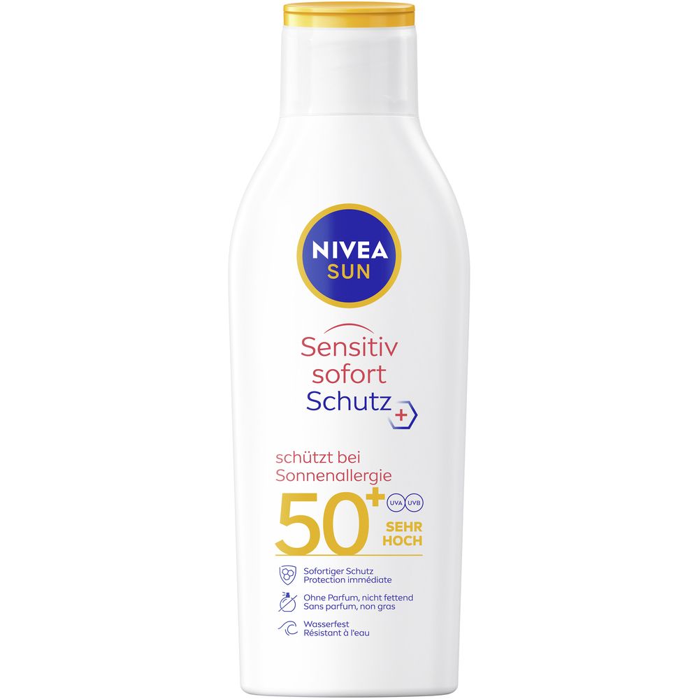 Flacon blanc NIVEA SUN Sensitiv Protection Immédiate SPF 50, bouchon jaune. Protection contre les allergies solaires.