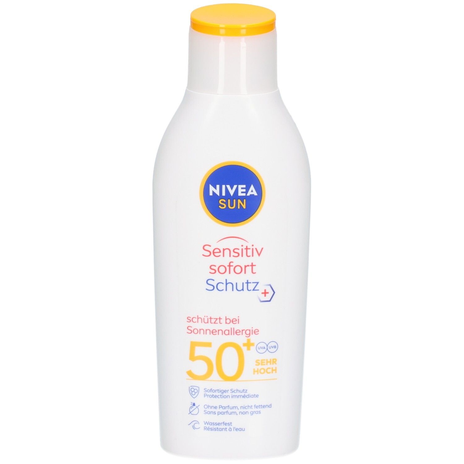 Flacon blanc avec bouchon jaune. Étiquettes bleues et jaunes avec informations produit et logo. Texte: NIVEA SUN, Sensitiv Sofort Schutz LSF 50+.