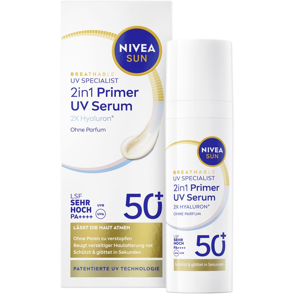 NIVEA SUN 2in1 Primer Sérum UV SPF 50+ avec Hyaluron. Flacon et emballage carton.