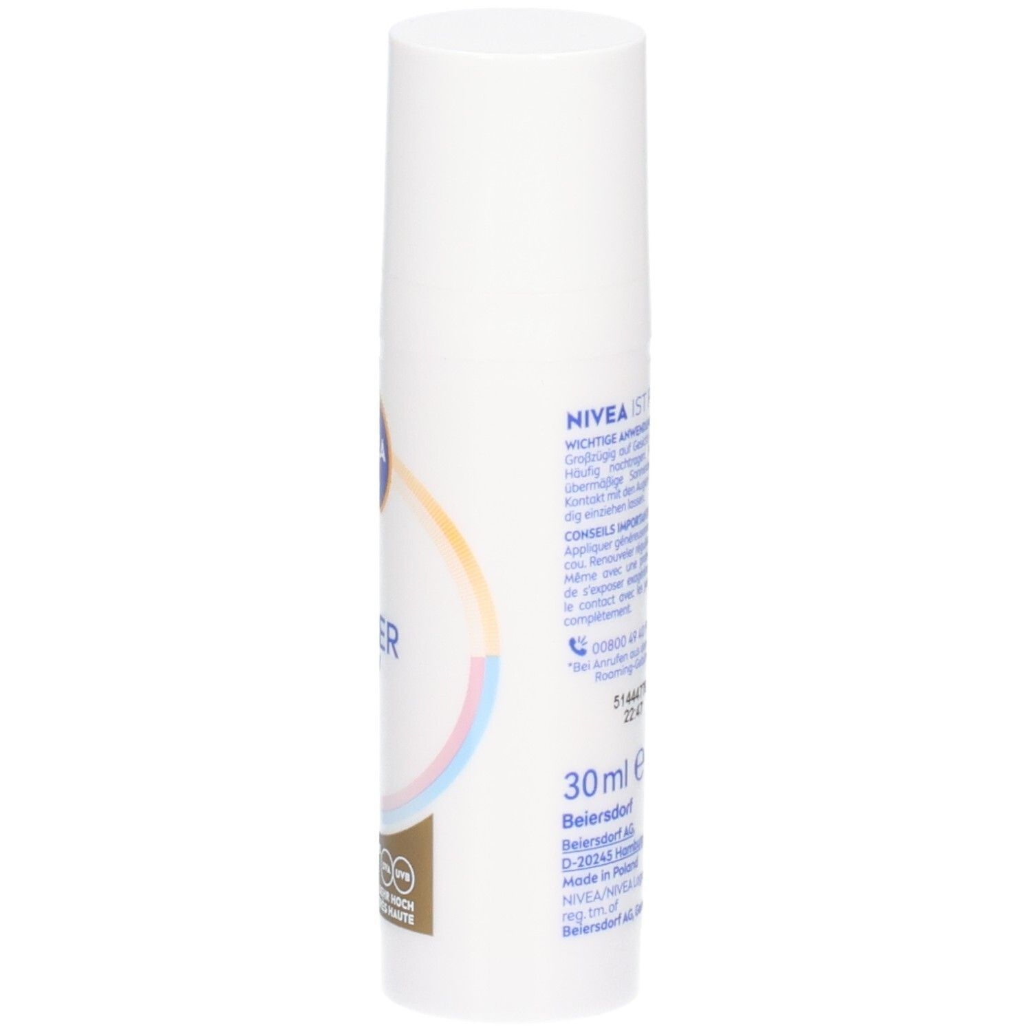 Flacon blanc NIVEA SUN 2in1 Primer Daily UV Serum. Côté avec texte et logos. 30ml. Informations fabricant.
