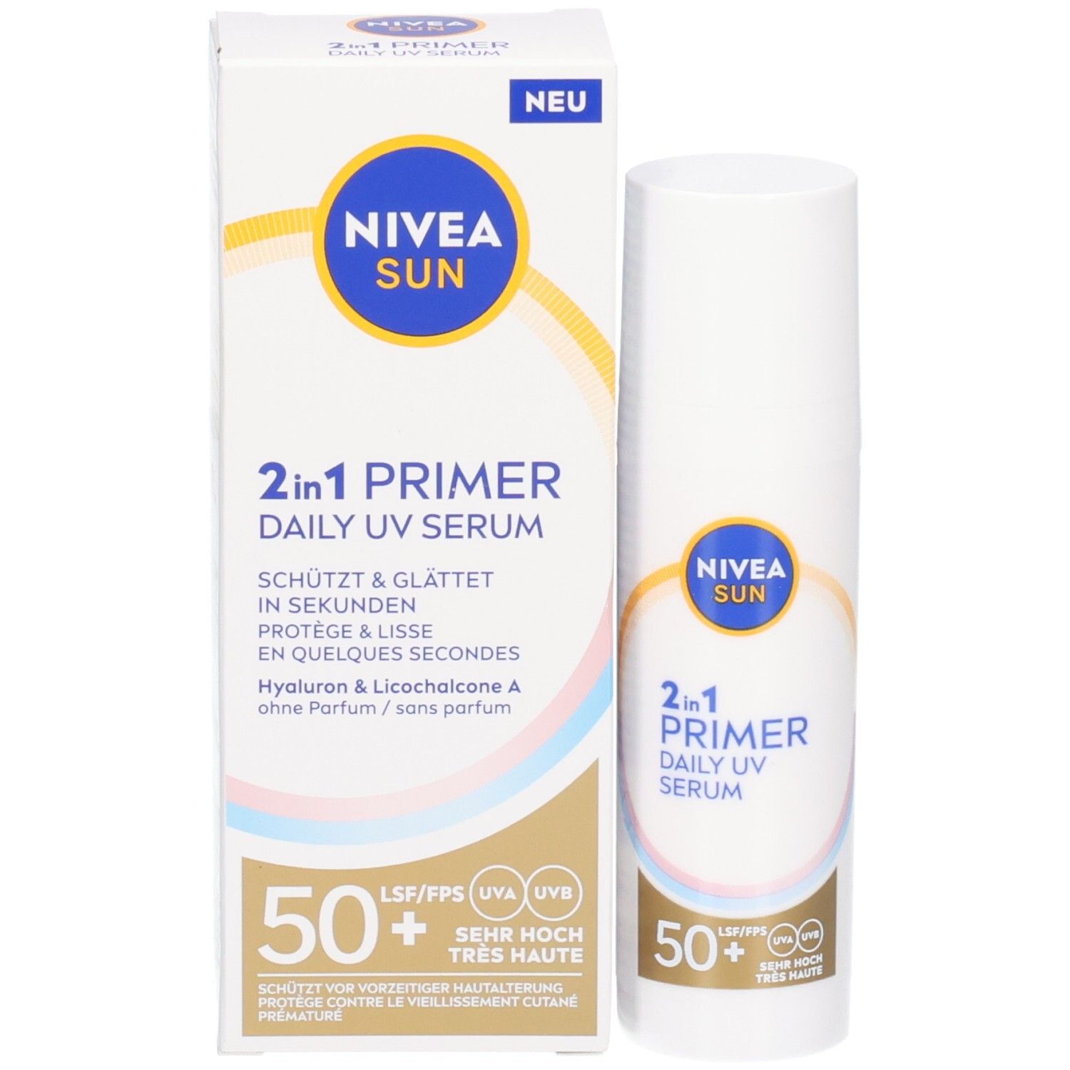 NIVEA SUN 2in1 Primer Daily UV Serum et emballage. Texte: 2in1 Primer, protège & lisse, 50+ FPS. Label Nouveau.