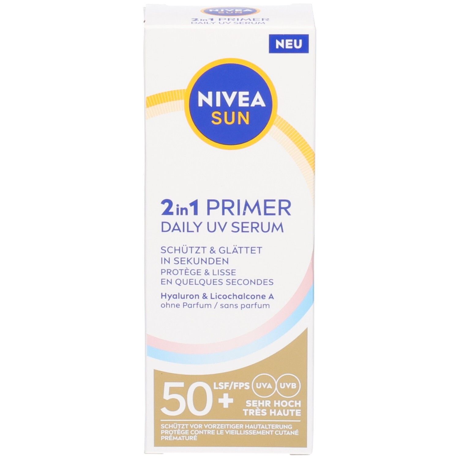Emballage NIVEA SUN 2in1 Primer Daily UV Serum. Texte: 2in1 Primer, protège & lisse, 50+ FPS. Label Nouveau.