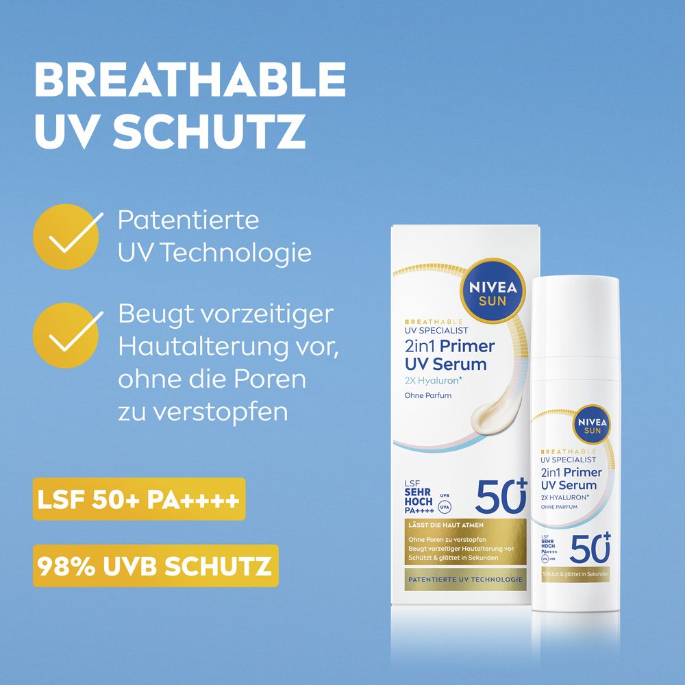 NIVEA SUN 2in1 Primer Sérum UV SPF 50+. Technologie UV brevetée, laisse respirer la peau.