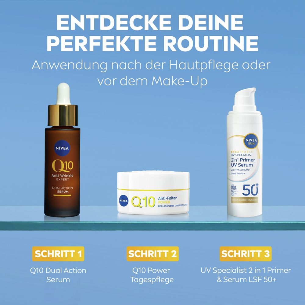 NIVEA SUN 2in1 Primer Sérum UV Quotidien SPF 50+ dans un flacon pompe blanc.
