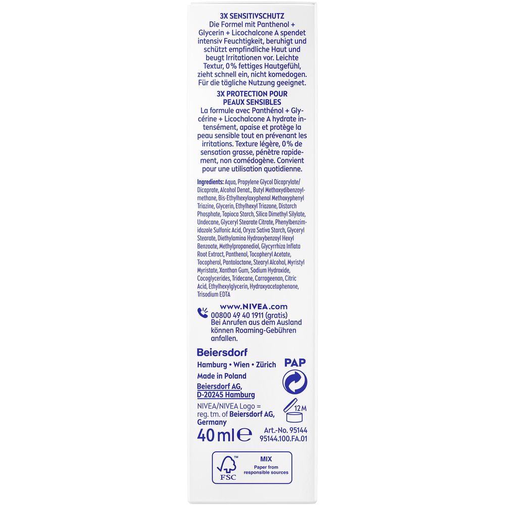 Dos de l'emballage. Ingrédients, informations fabricant, 40ml, label FSC, symbole 12M.