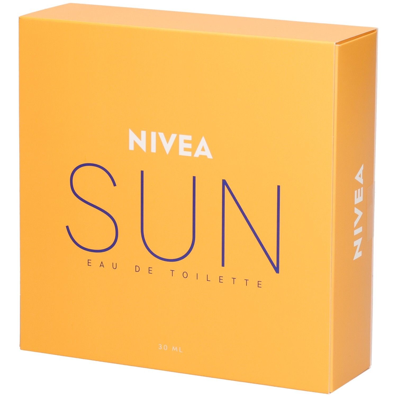 Boîte orange avec texte bleu NIVEA SUN Eau de Toilette. 30 ml. Logo NIVEA sur le côté.