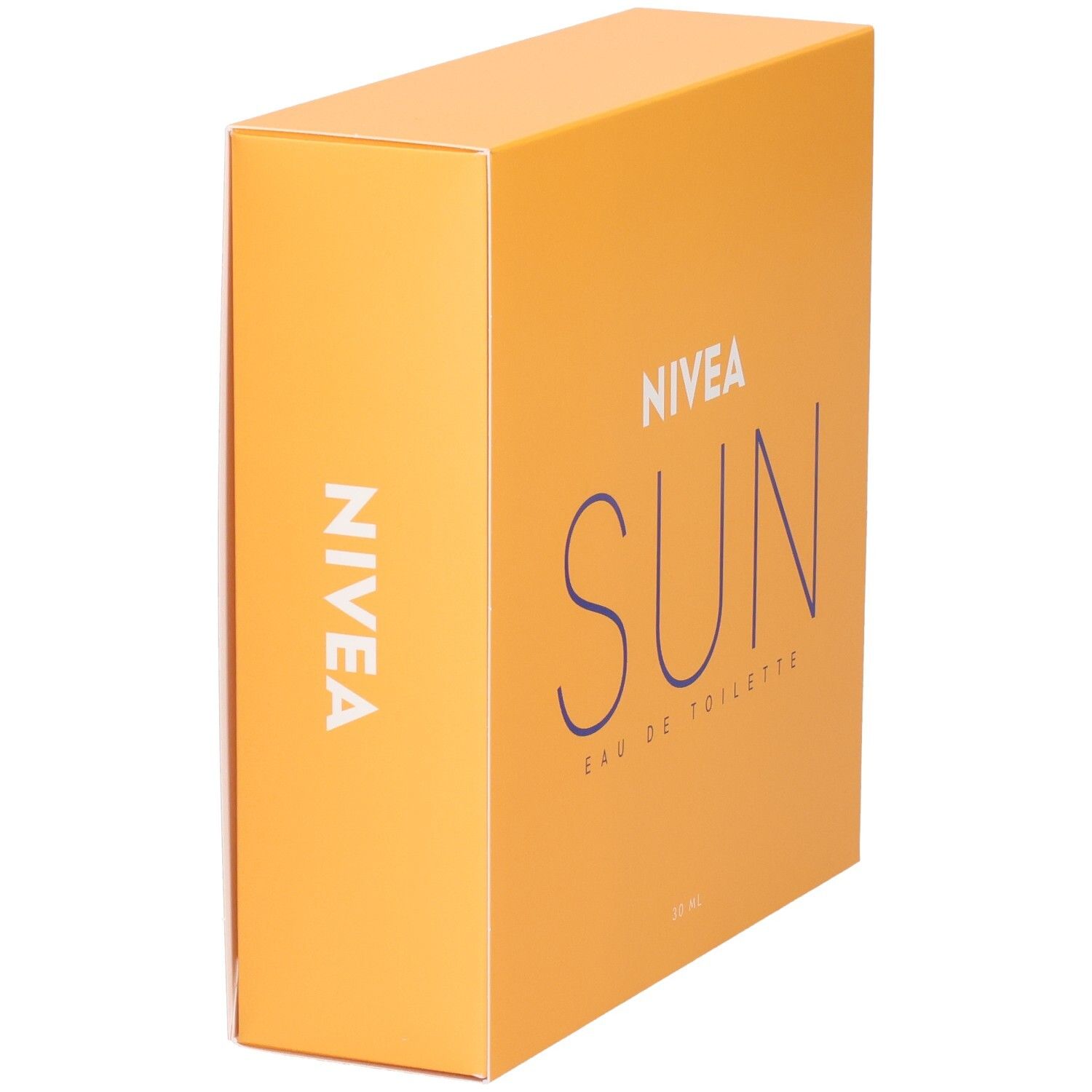 Boîte orange avec texte bleu NIVEA SUN Eau de Toilette. Logo NIVEA sur le côté.