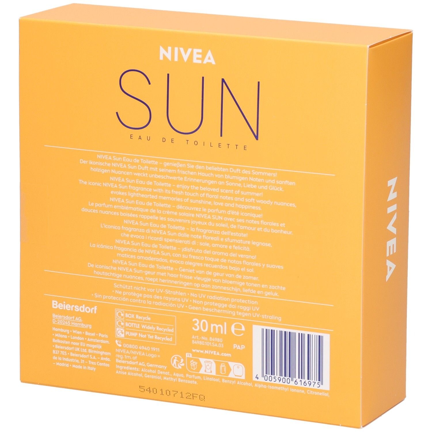 Dos de la boîte orange avec texte et NIVEA SUN Eau de Toilette. 30 ml. Code-barres.