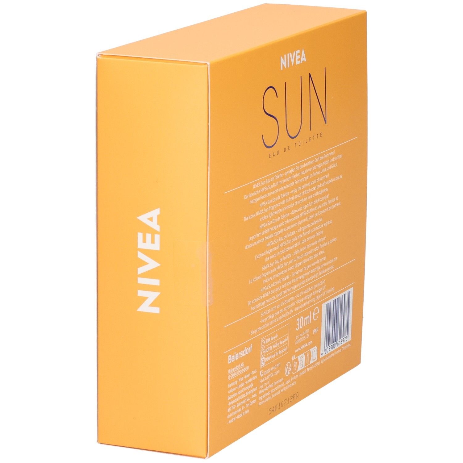Dos de la boîte orange avec texte et NIVEA SUN Eau de Toilette. 30 ml. Code-barres.