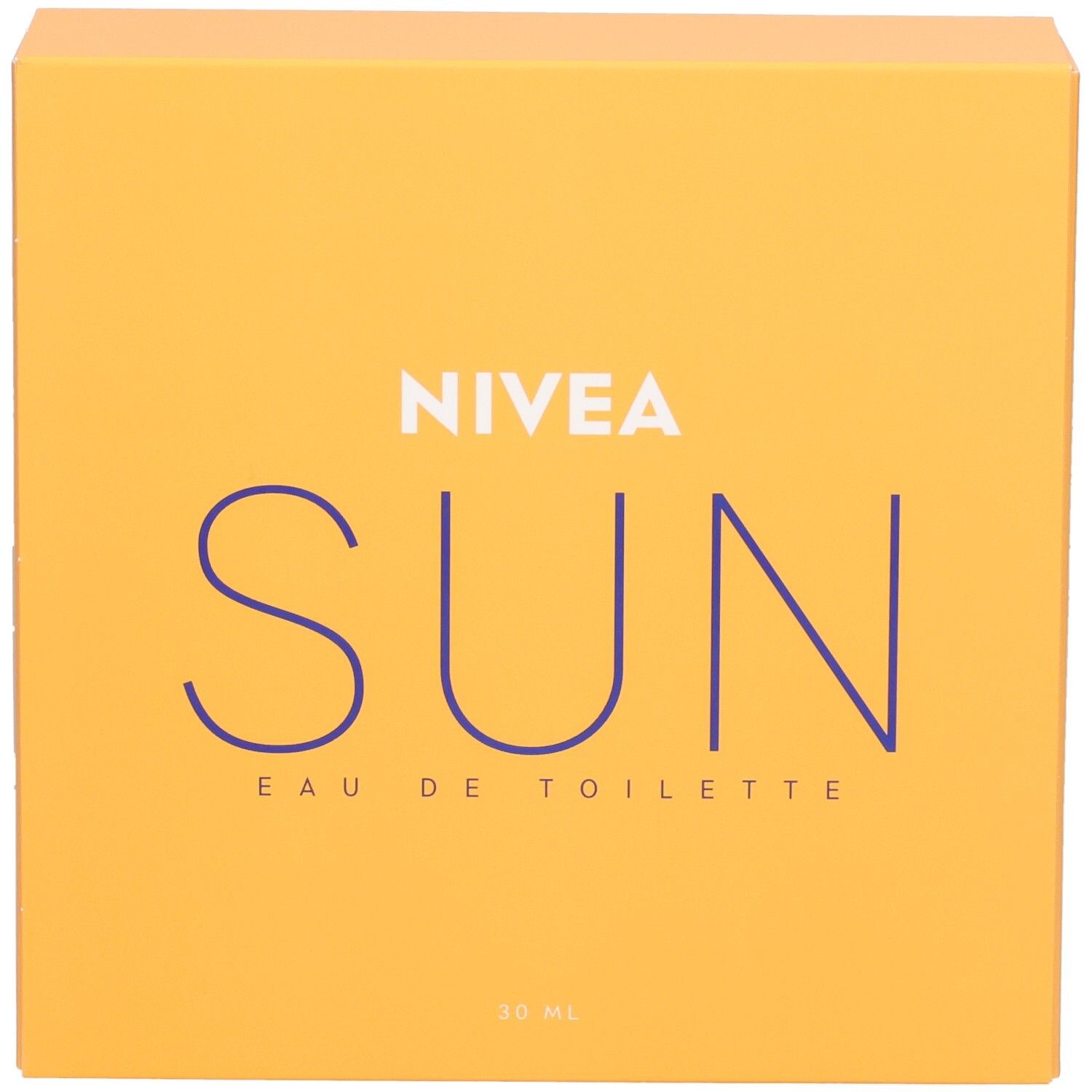Boîte orange avec texte bleu NIVEA SUN Eau de Toilette. 30 ml.