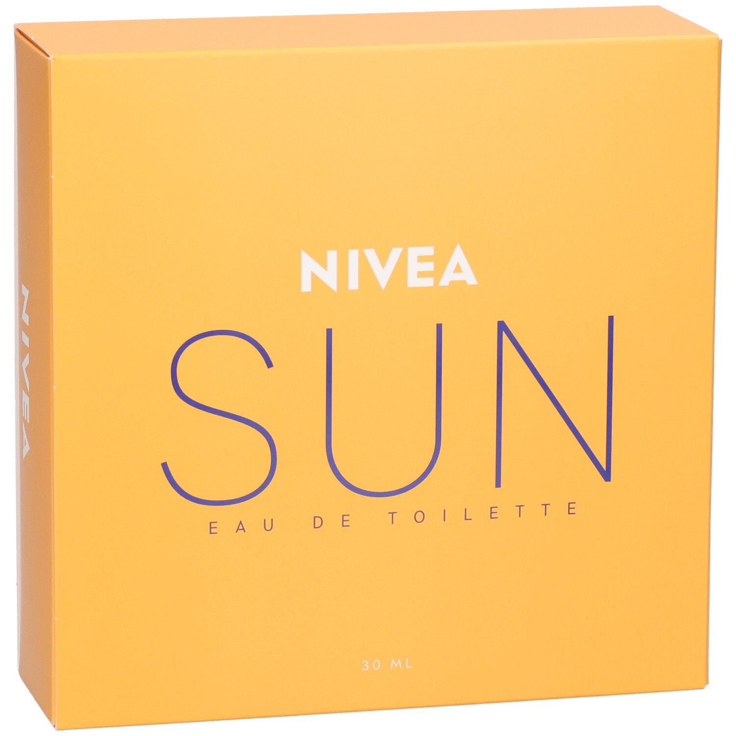 Boîte orange avec texte bleu NIVEA SUN Eau de Toilette. 30 ml.